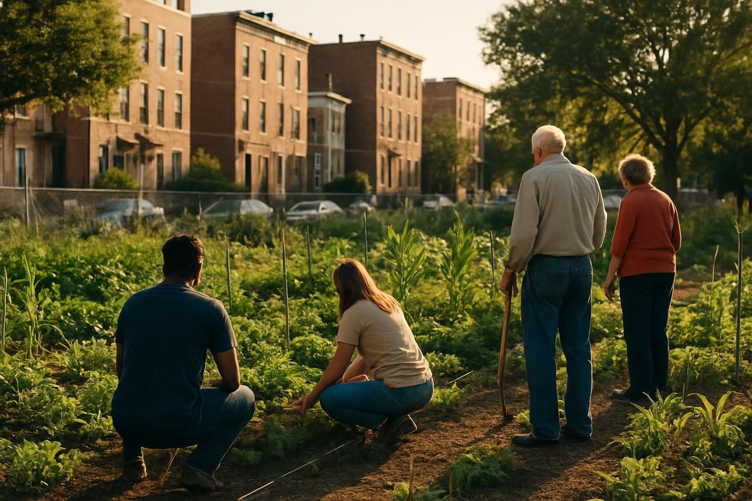 Neighbors working together in a community garden on a city block