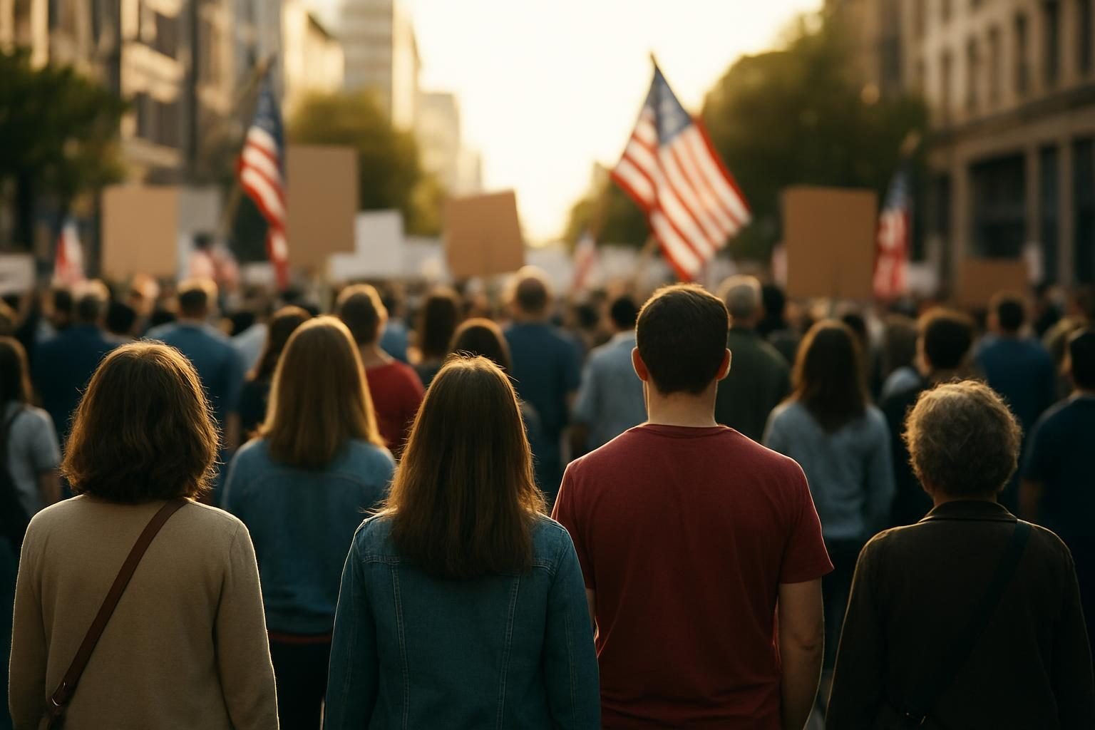A crowd seen from behind at an outdoor gathering in a city