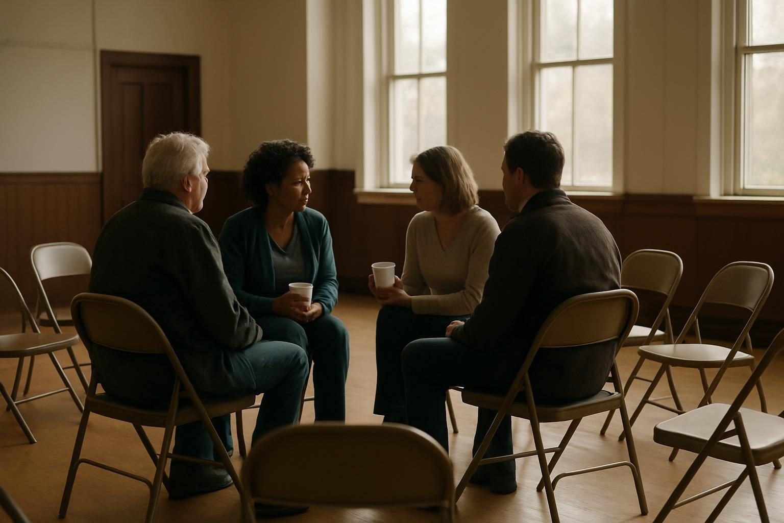 Neighbors gathered in a community hall in a circle of chairs