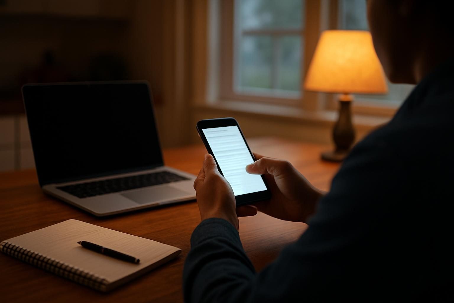 A person reading on a phone at a kitchen table in the evening