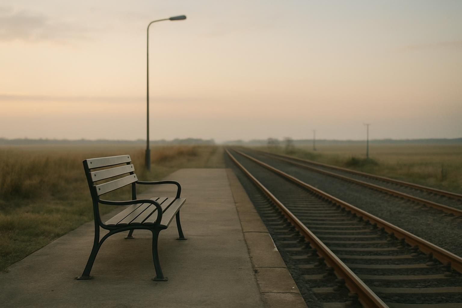 Empty rural train platform at dawn on a long stretch of track