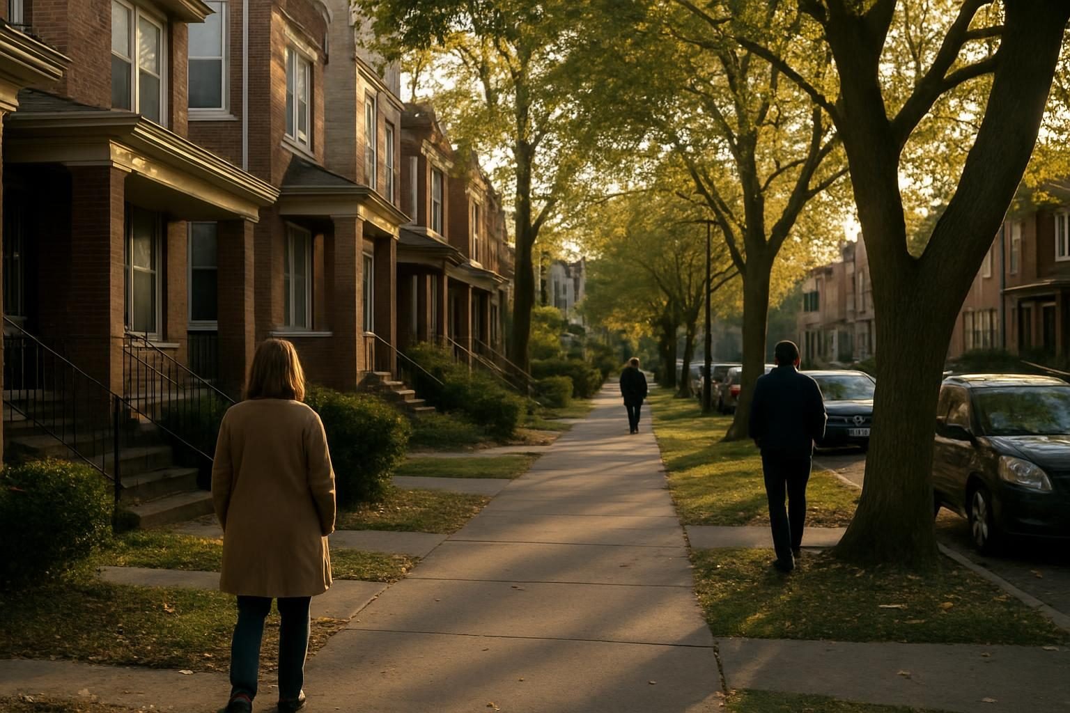 Quiet city street lined with brick two-flat homes and trees in late afternoon