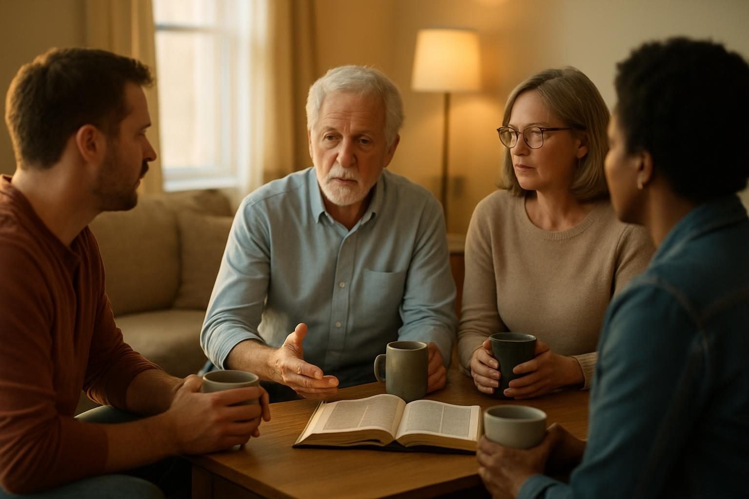 A small reading group discussing a book around a living room table