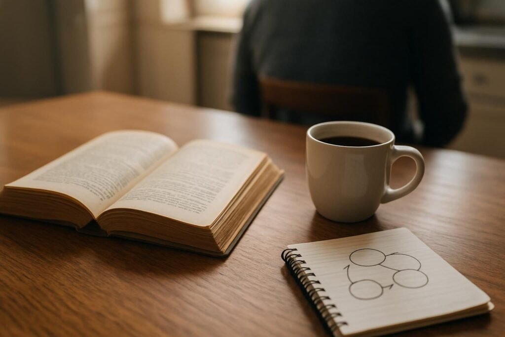 Open paperback and notepad with hand-drawn loops, representing a thinking in systems summary