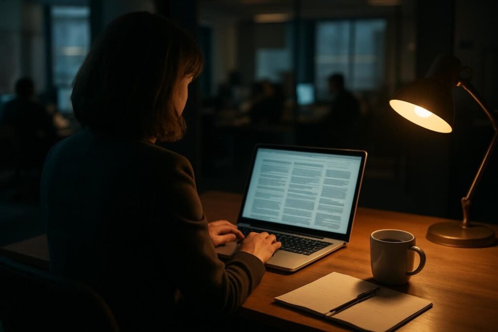 Reporter's desk with laptop and notebook, illustrating a Trust Me, I'm Lying summary of media manipulation