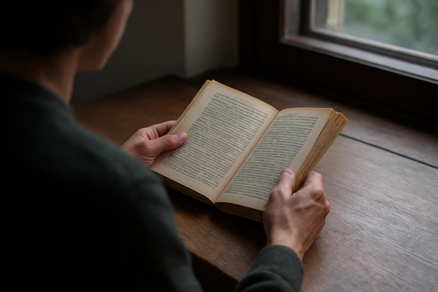 Hands holding a worn paperback book at a library table