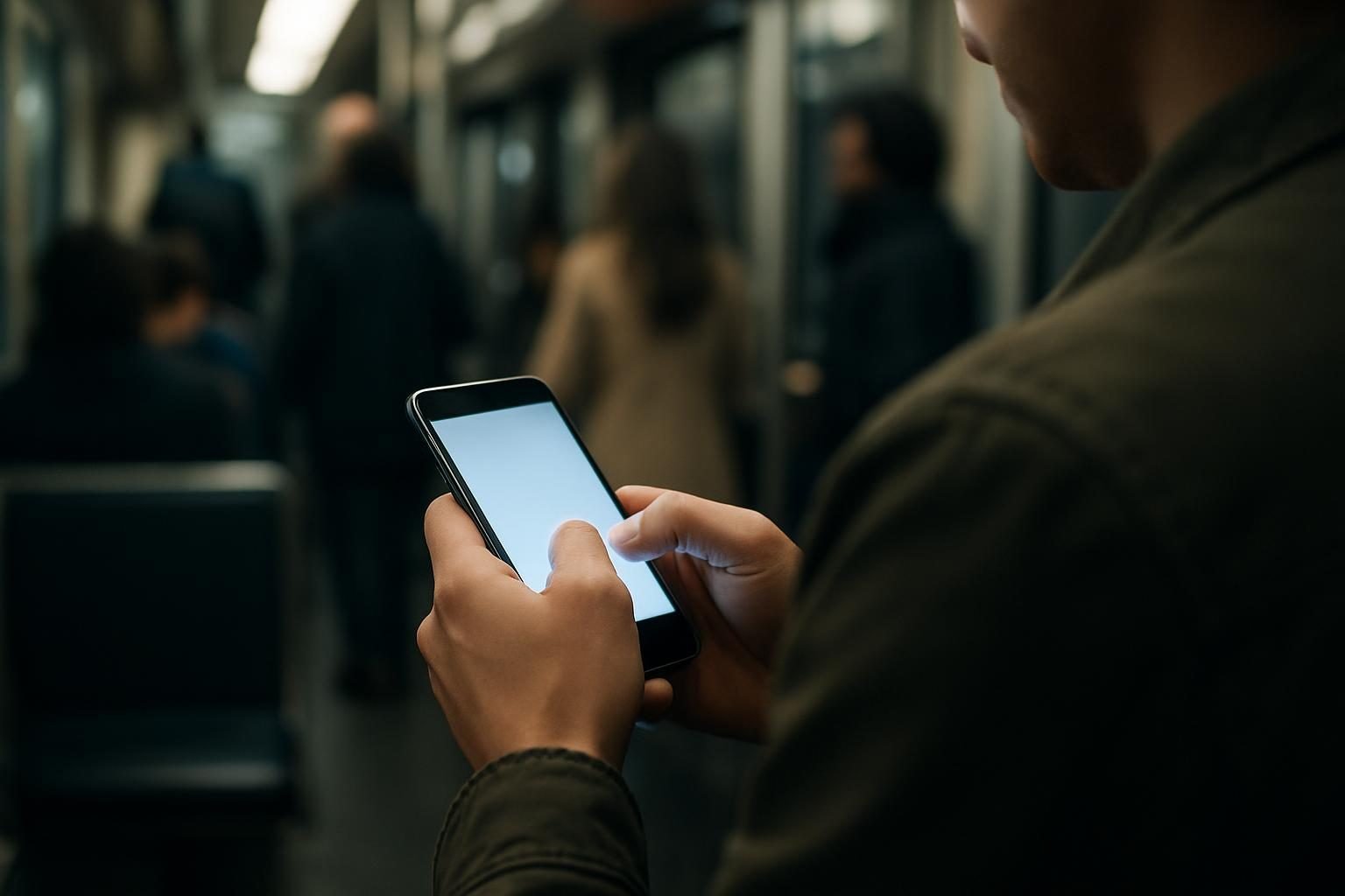 Commuter scrolling a phone feed on public transit