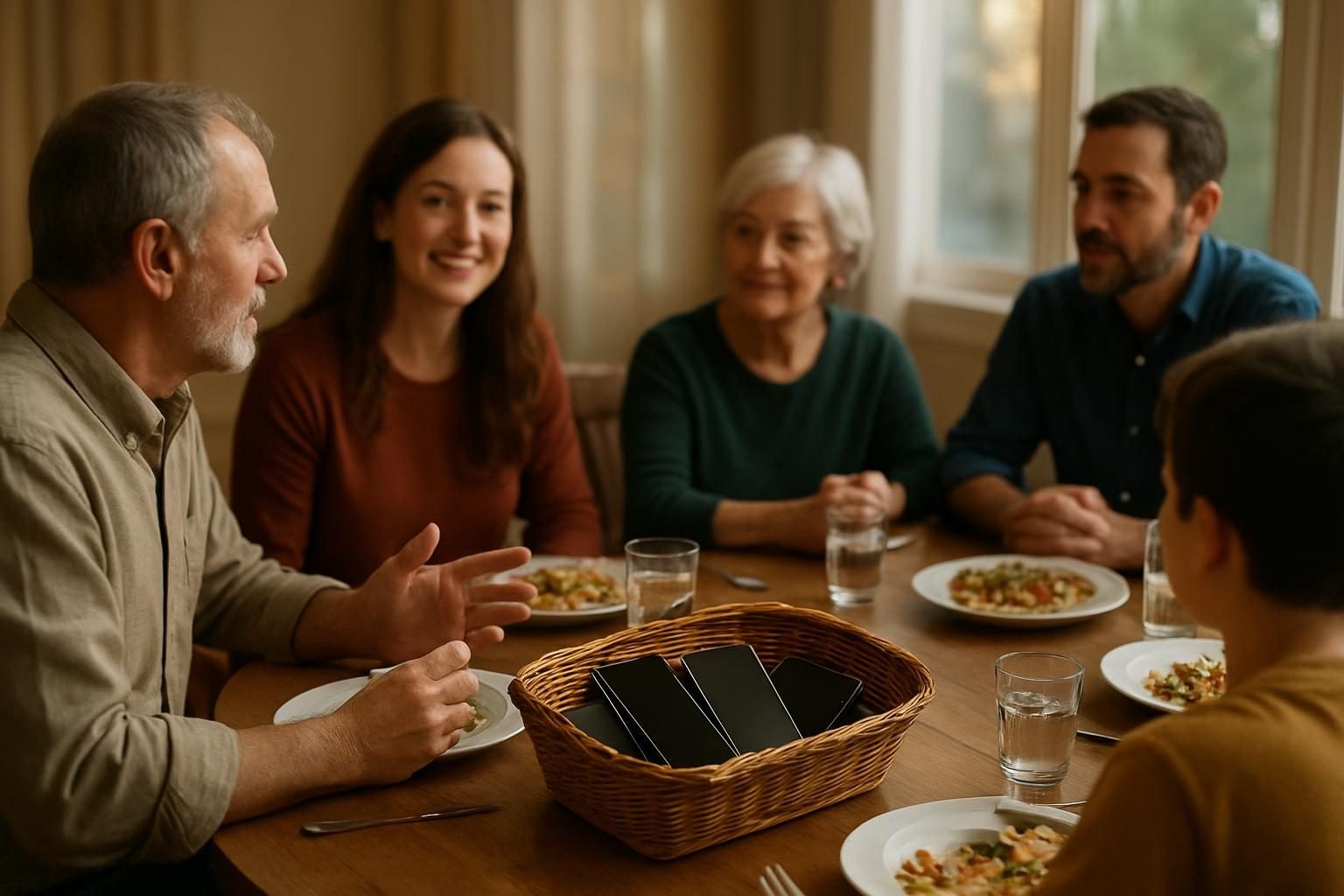 Family dinner table with phones set aside for conversation