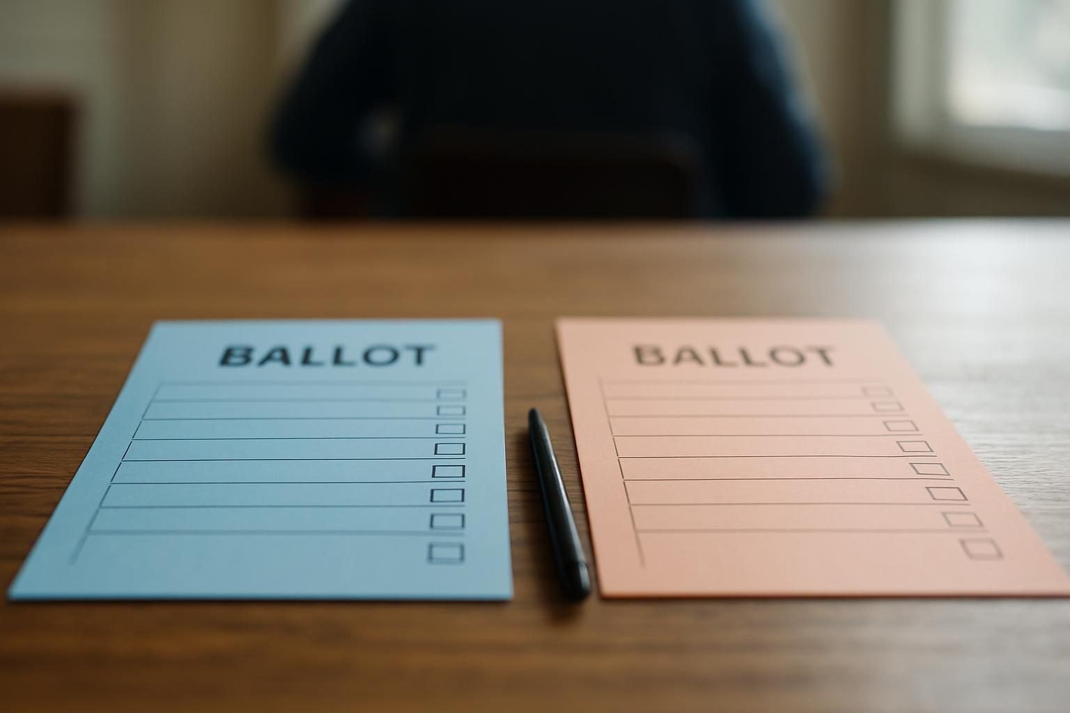 Two different party ballots side by side on a table, showing how closed and open primaries differ