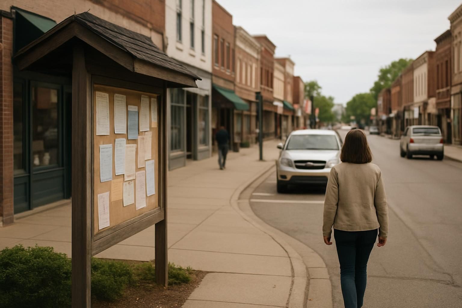 Small-town main street with a bulletin board, representing local elections and everyday civic life