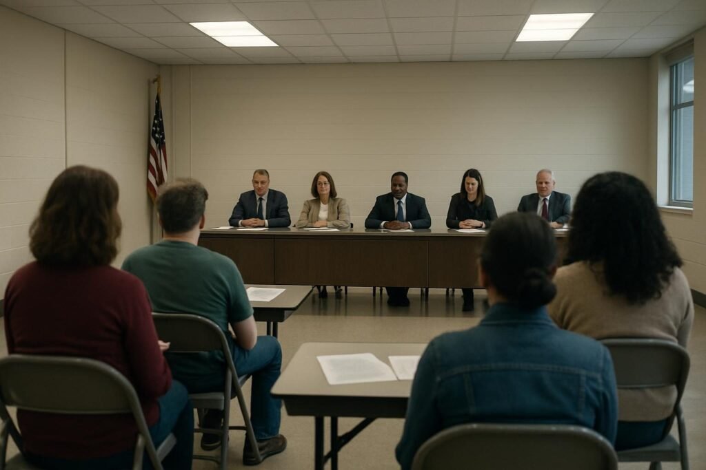 Parents watching a school board meeting, illustrating what does a school board do