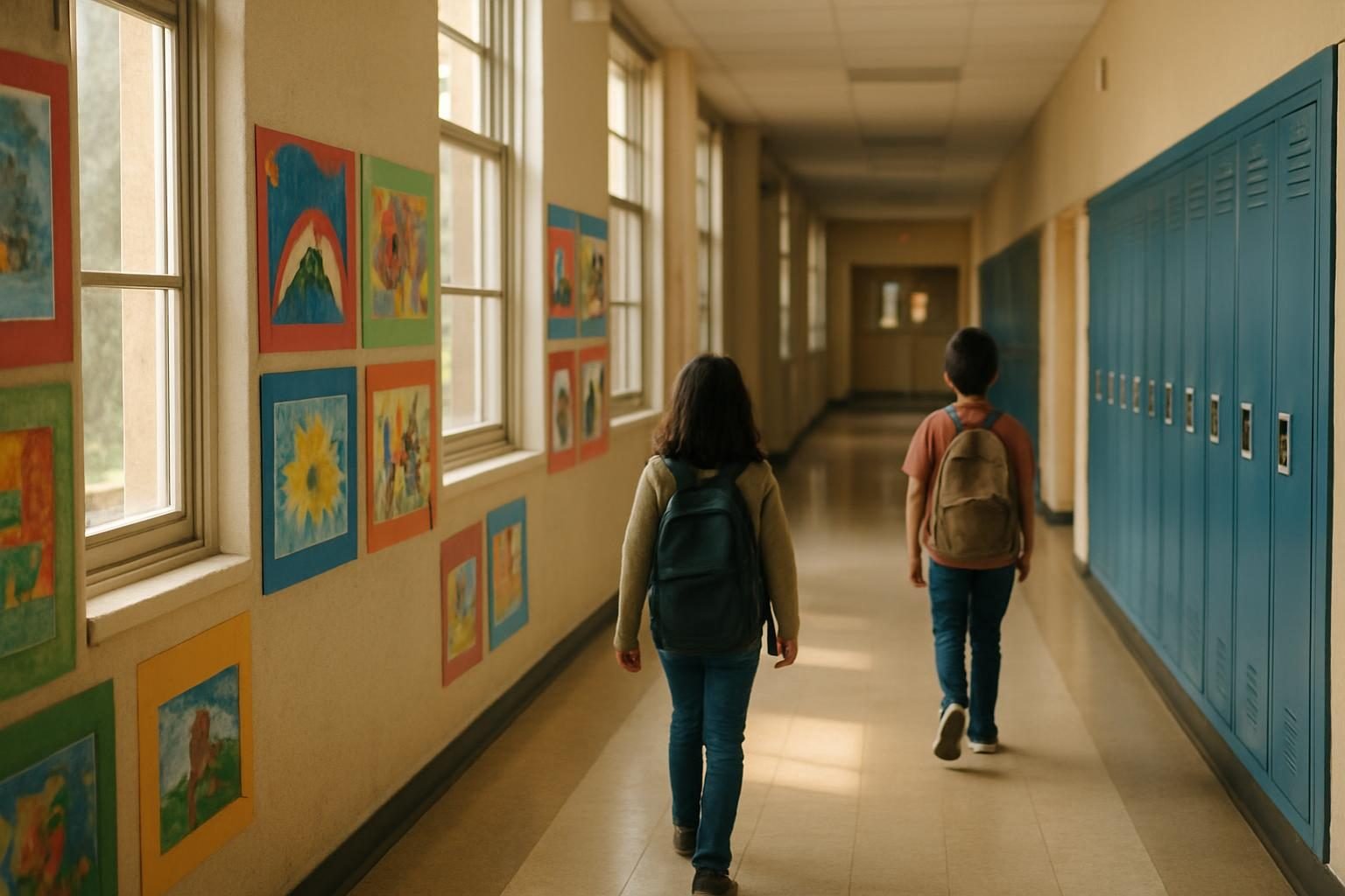 Quiet elementary school hallway lined with student artwork