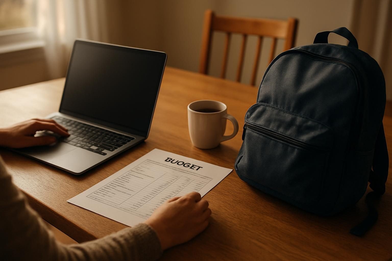 Kitchen table with a district budget document and a child's backpack