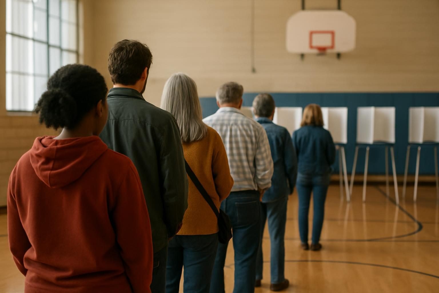 Voters lining up at a polling place in a school gymnasium
