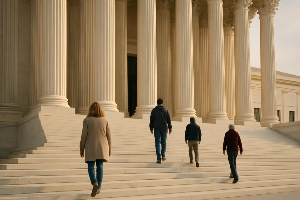 Visitors climbing the marble steps of a courthouse, illustrating what the Supreme Court does