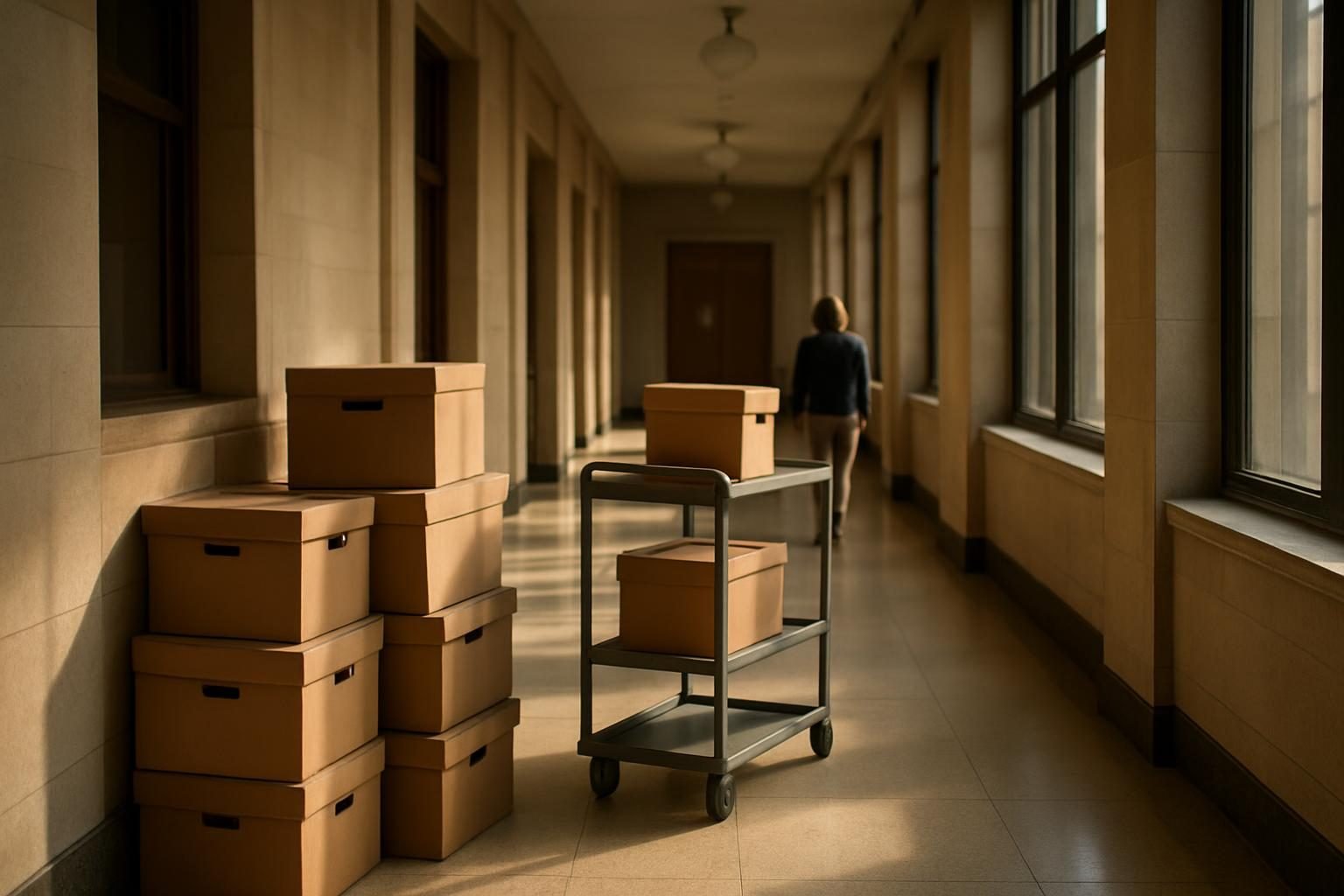 Case files stacked on a cart in a quiet courthouse hallway
