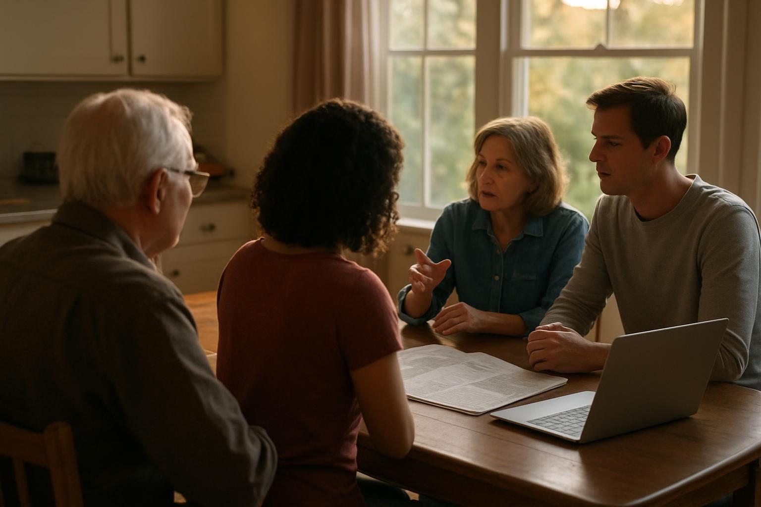 Neighbors discussing a news story around a kitchen table