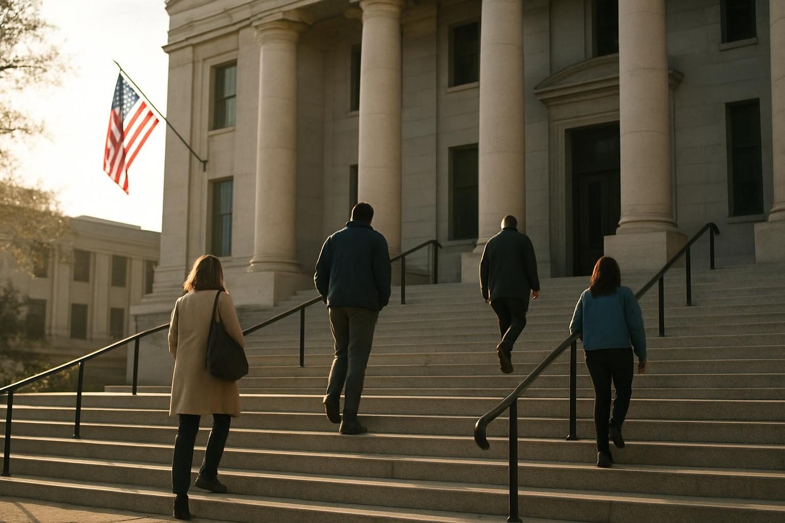 People walking up the steps of a county courthouse