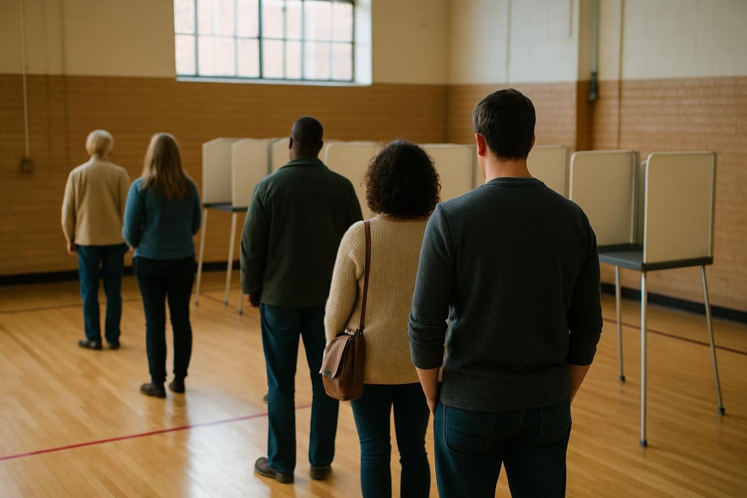 Voters waiting in line at a neighborhood polling place