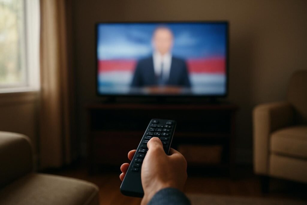 Living room television showing a political ad, illustrating the question what is dark money