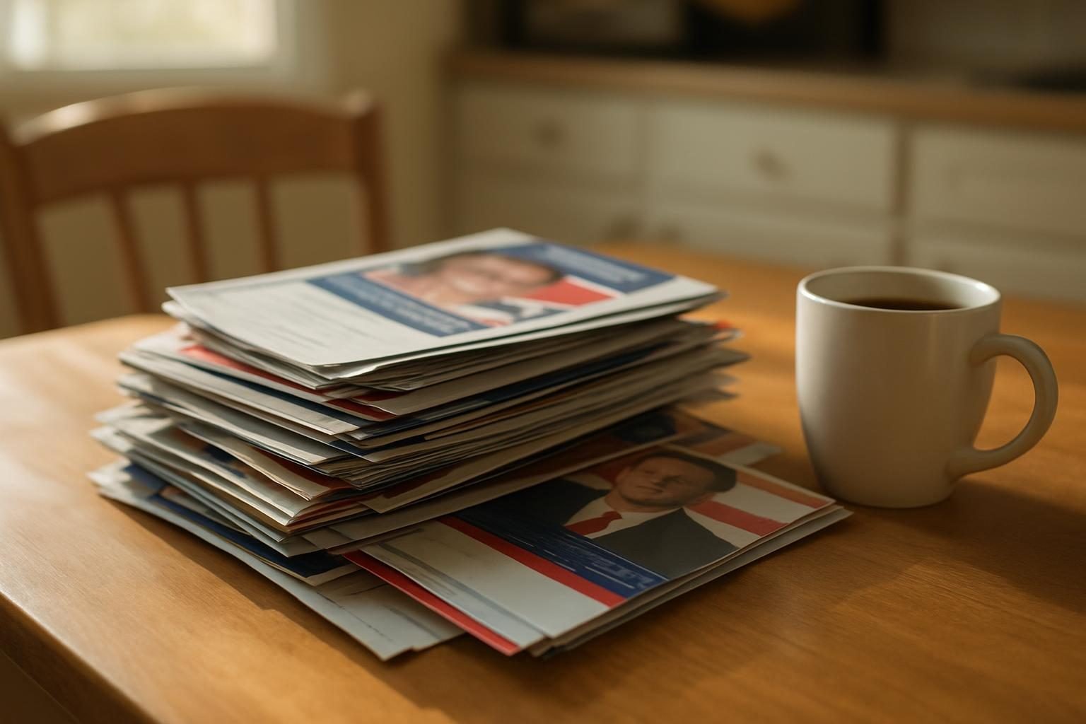 Campaign mailers piled on a kitchen table during election season