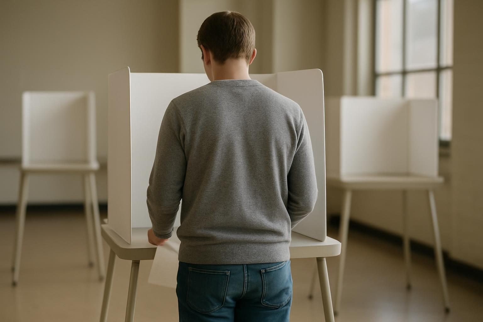 Voter at a polling place thinking about who influences elections