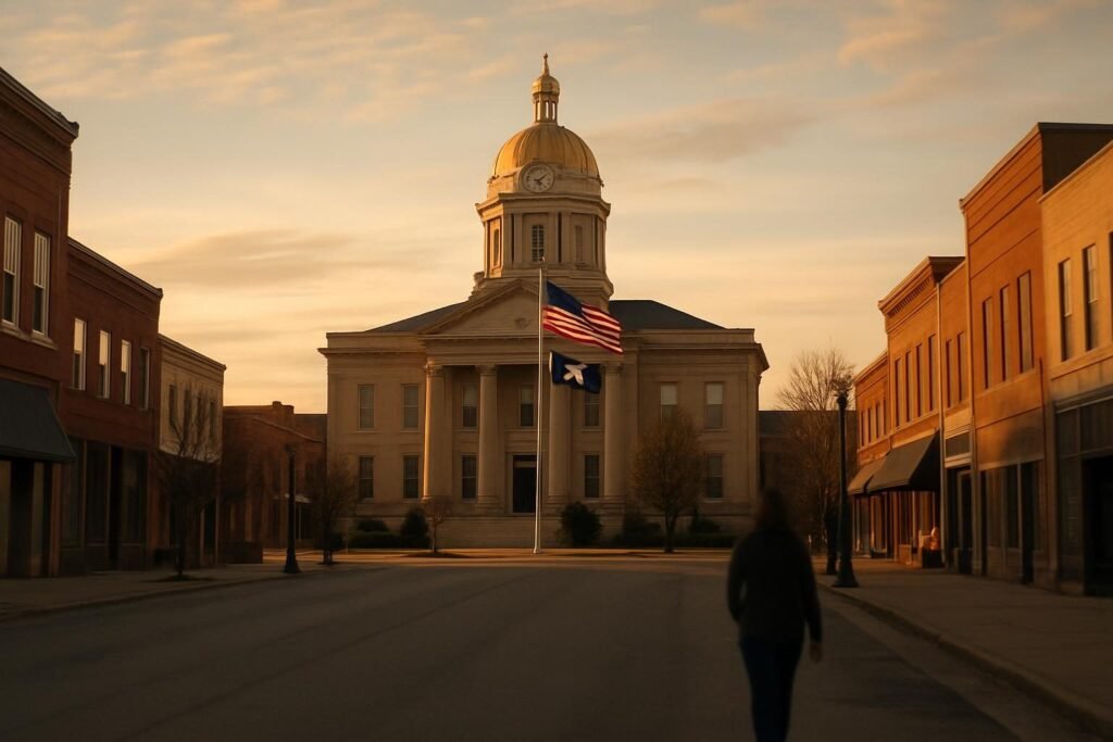 Courthouse with American and state flags, illustrating what is federalism in everyday American life