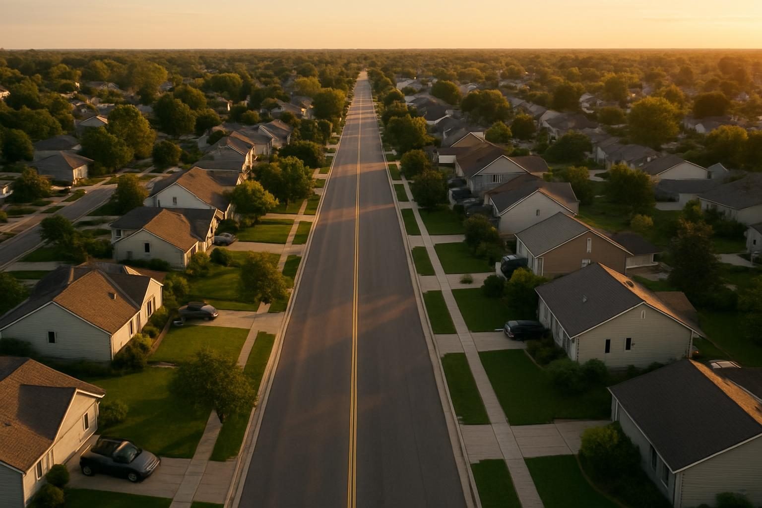 Aerial view of a neighborhood divided by a road that could mark a district line