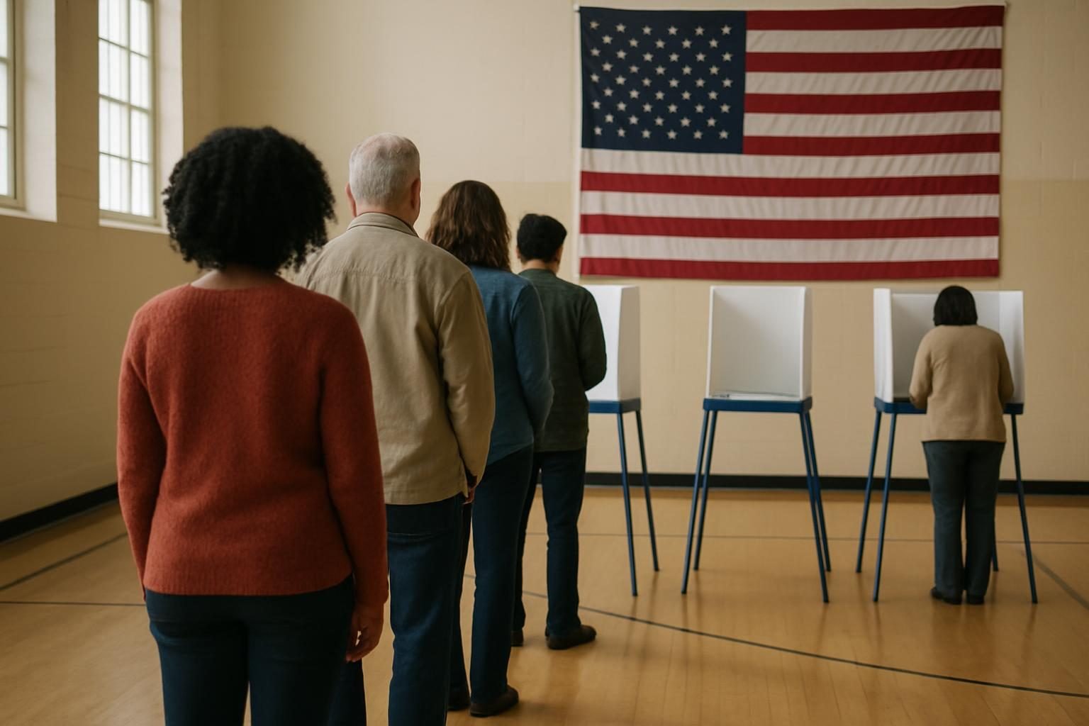 Voters waiting in line at a polling place in a school gymnasium