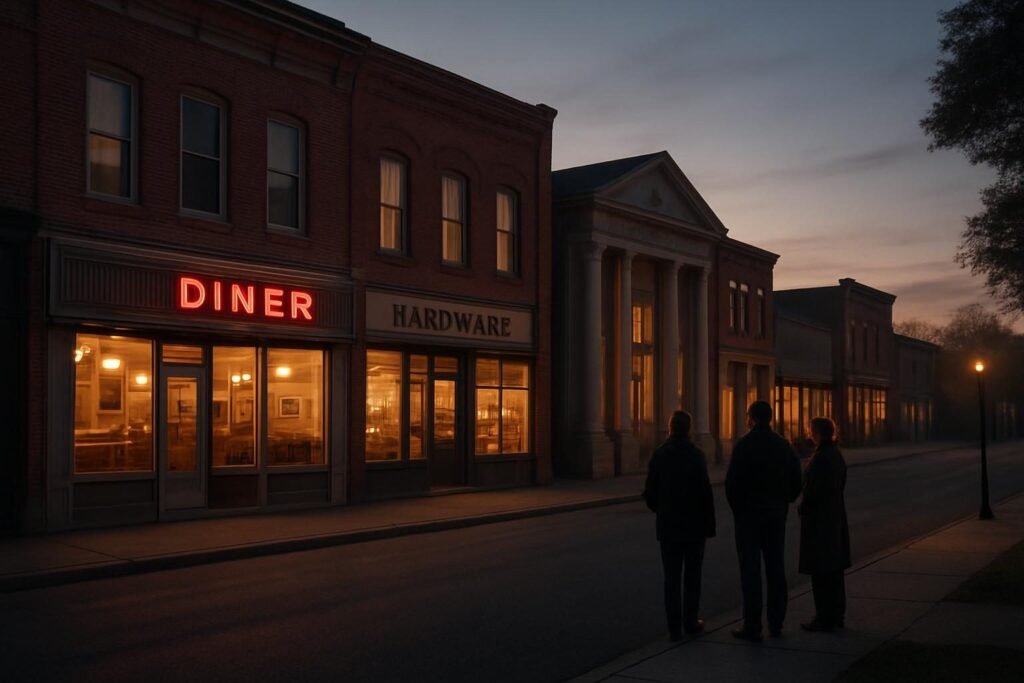 A small-town main street at dusk, illustrating what is polarization and the shared spaces it divides