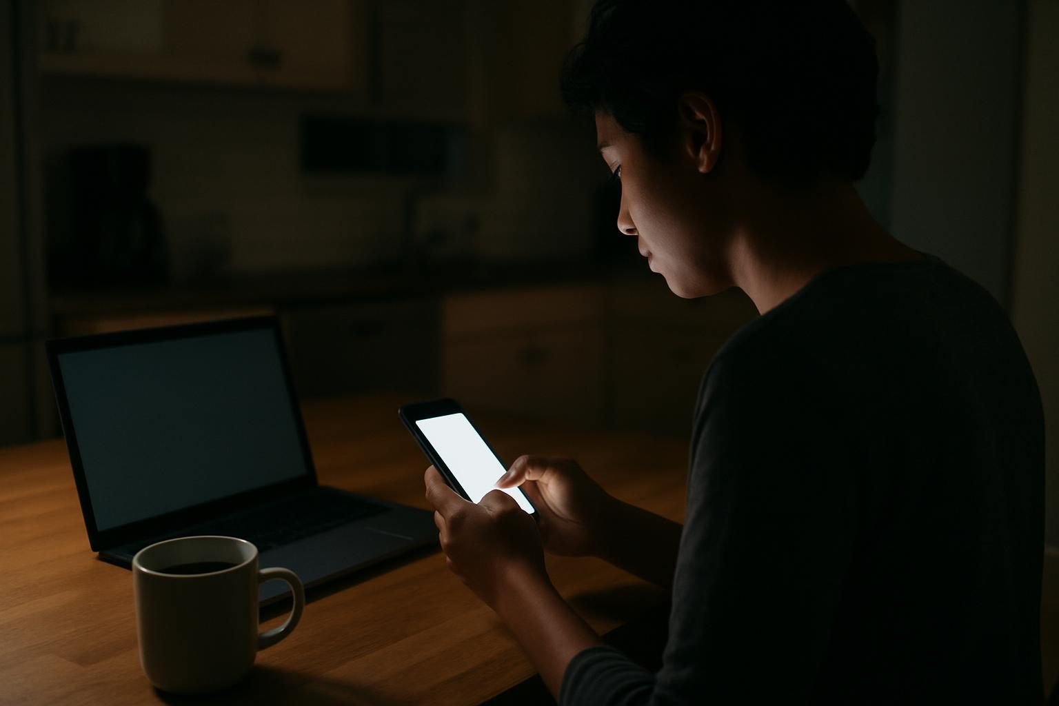 A person scrolling a phone at a kitchen table at night