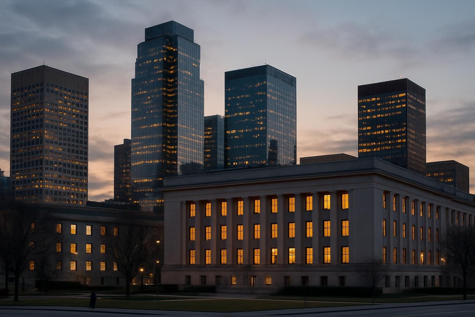 City skyline at dusk with a government building in front of office towers
