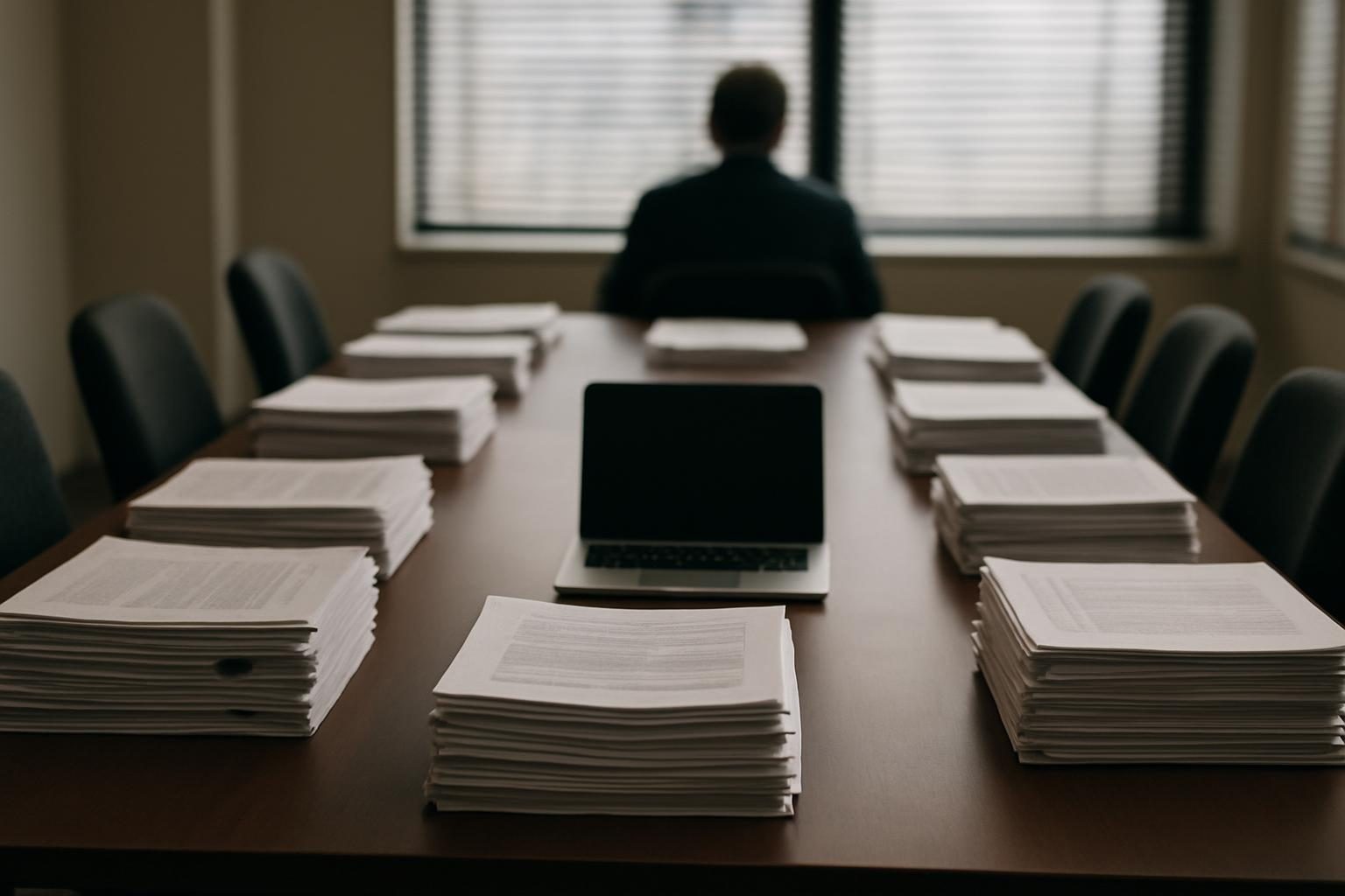 Conference table piled with thick technical regulatory documents