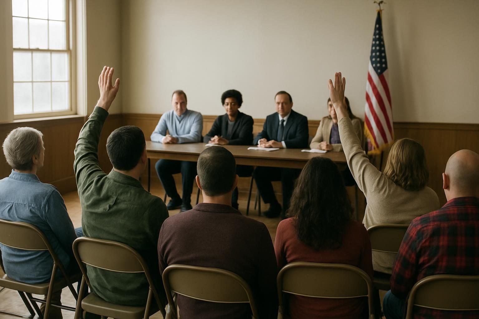 Residents seated at a local public meeting with hands raised