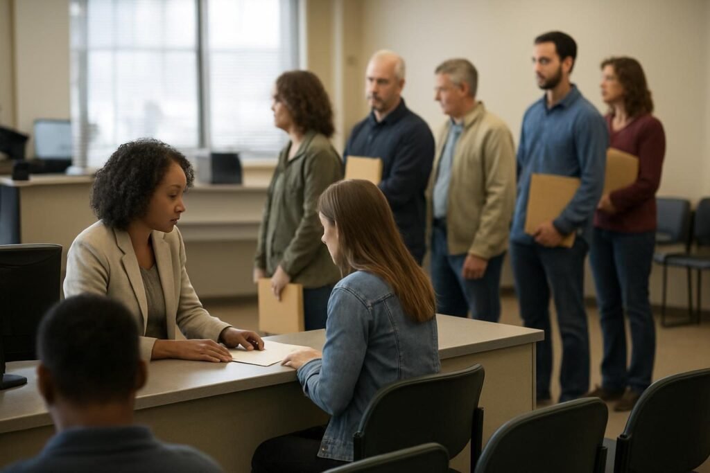 A clerk at a county office counter illustrating what is street-level bureaucracy in everyday public service