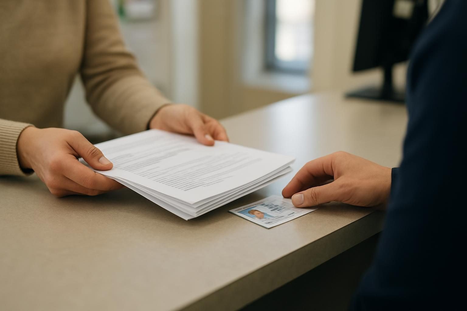 Hands exchanging paperwork across a government service counter