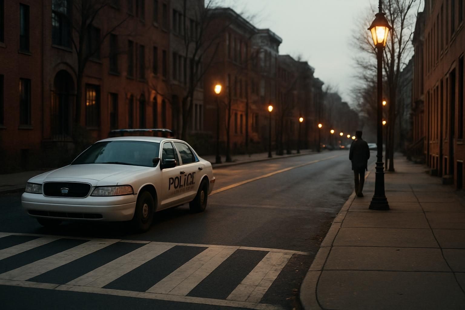 A quiet city street at dusk with a parked patrol car