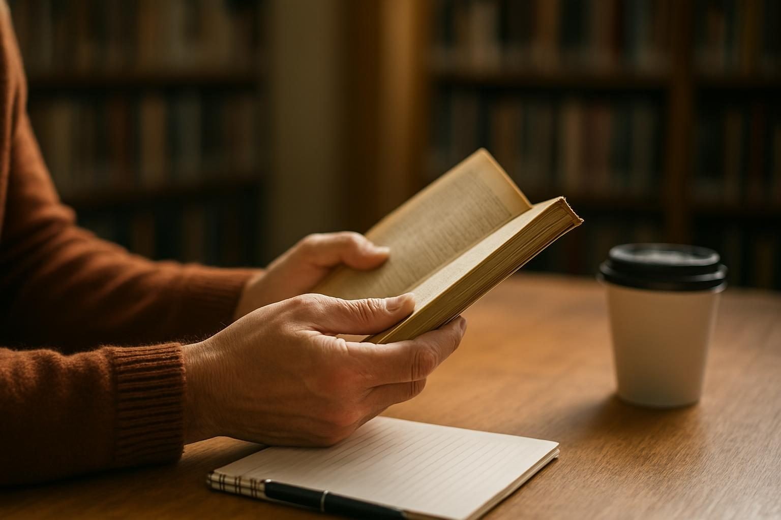 Hands holding a well-read book at a library table, ready to think and discuss