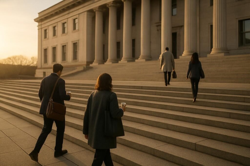 Federal office building at dawn as workers arrive, illustrating what is the deep state versus the civil service
