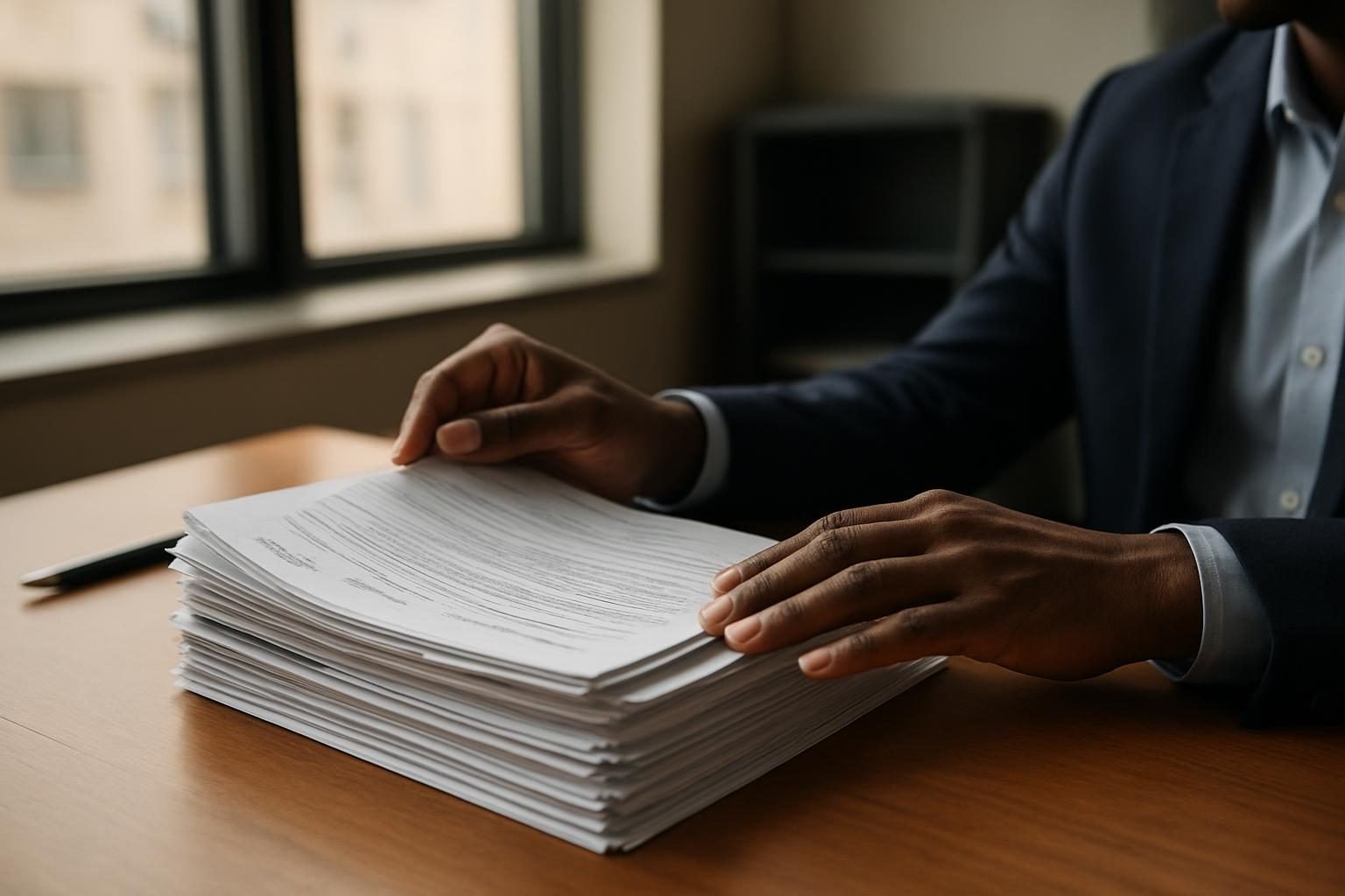 Government worker reviewing paperwork at a desk