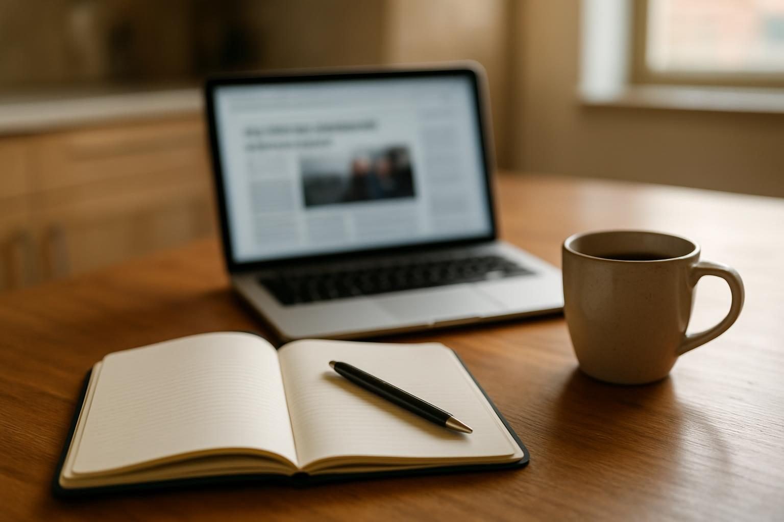 Kitchen table with notebook and laptop for reading and discussing the news