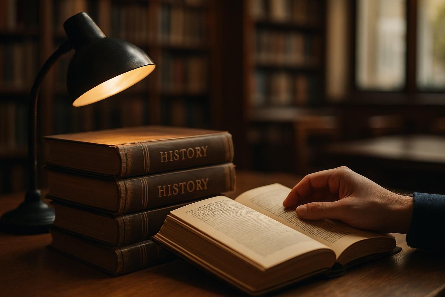 Hand turning a page of an old history book on a library table