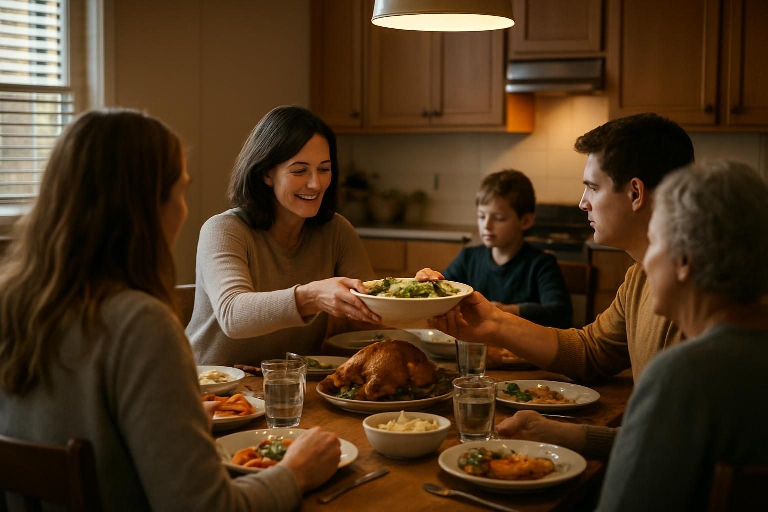 Family at a dinner table in a calm conversation about current events