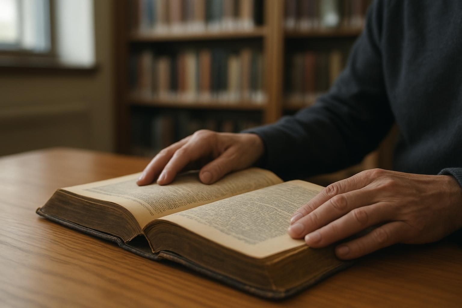 Hands holding an open history book on a library table