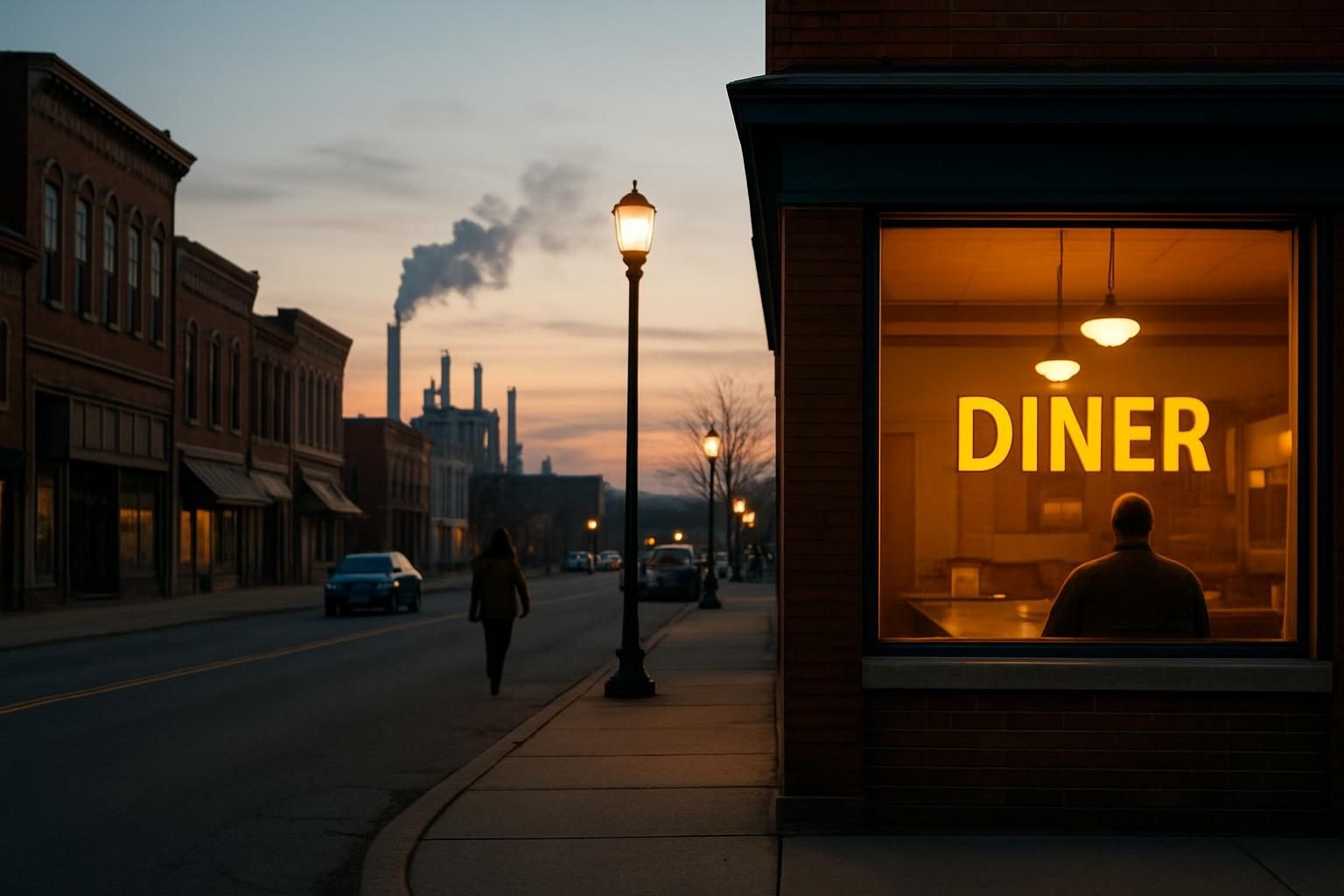 Small-town street near a factory at dusk