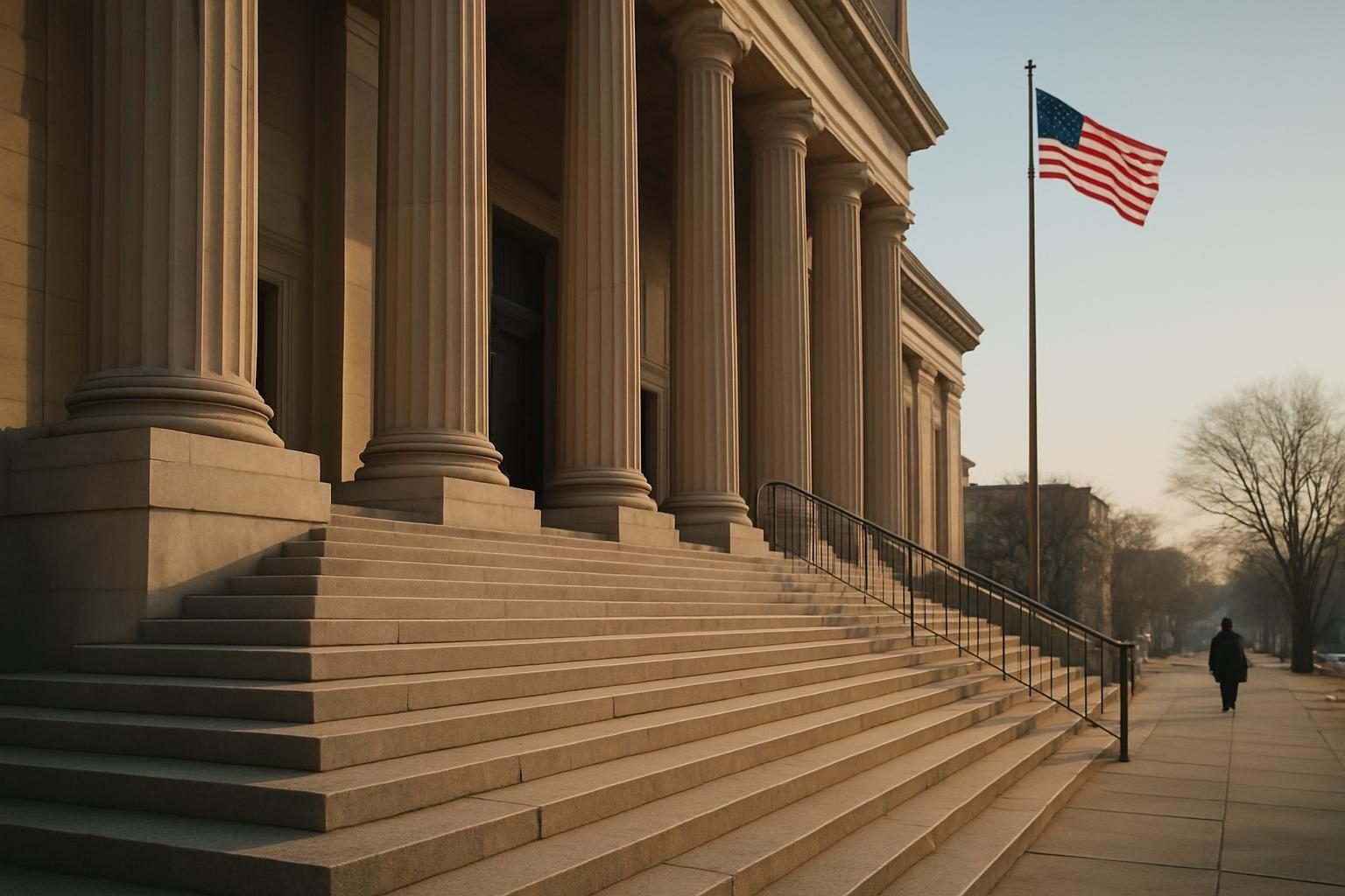 Courthouse steps in morning light, symbolizing law and constitutional limits