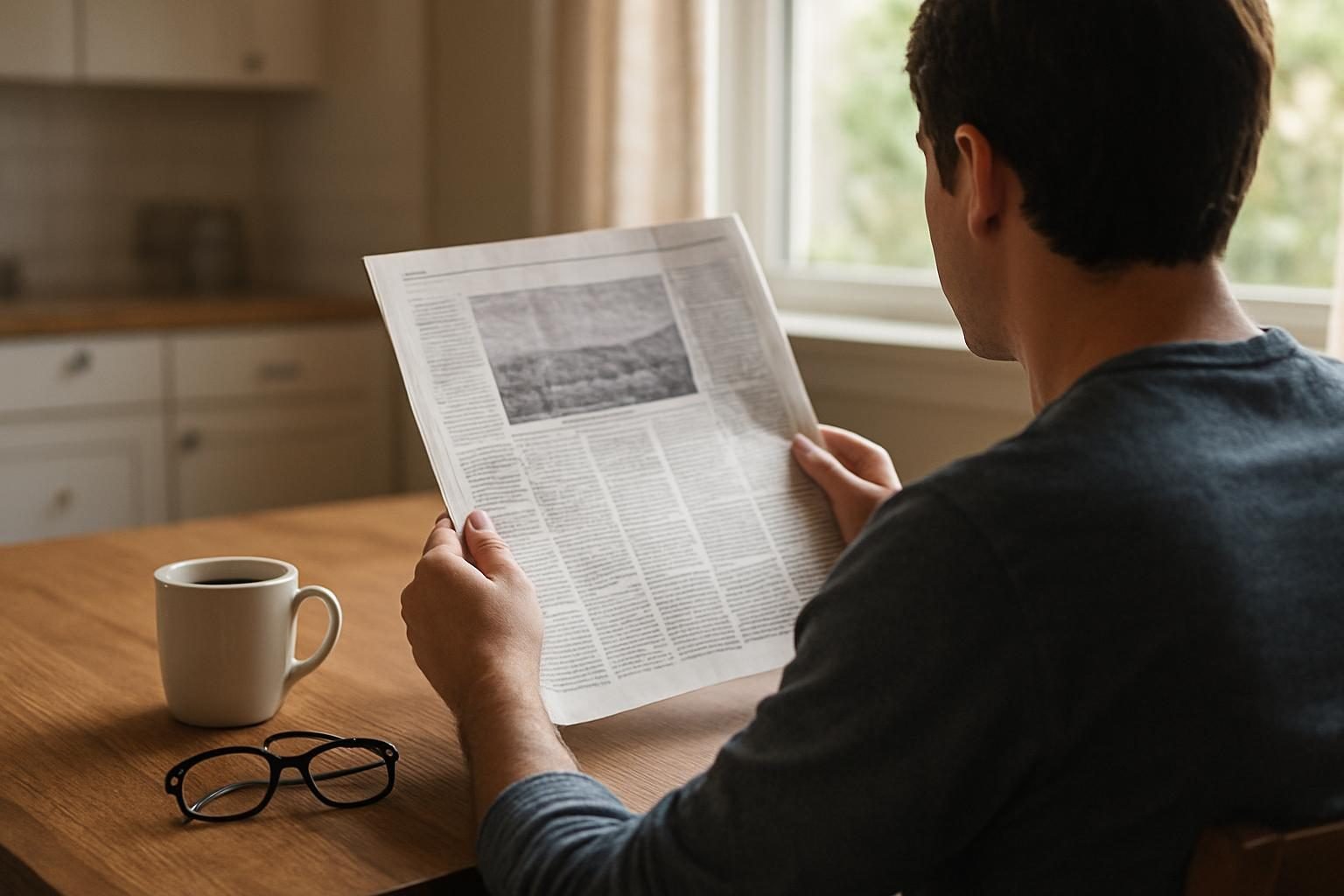 Reader going through a printed news article at a kitchen table
