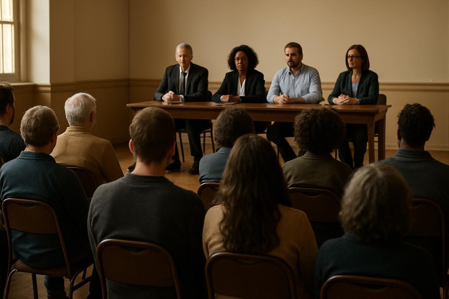 Residents at a public meeting listening to a panel discussion