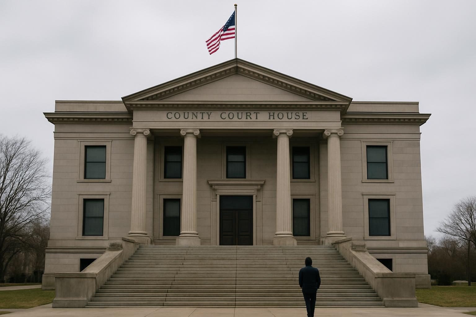 Empty stone steps of a county courthouse on a gray morning