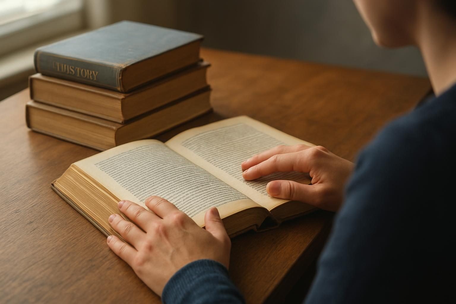 Hands on an open history book in a library
